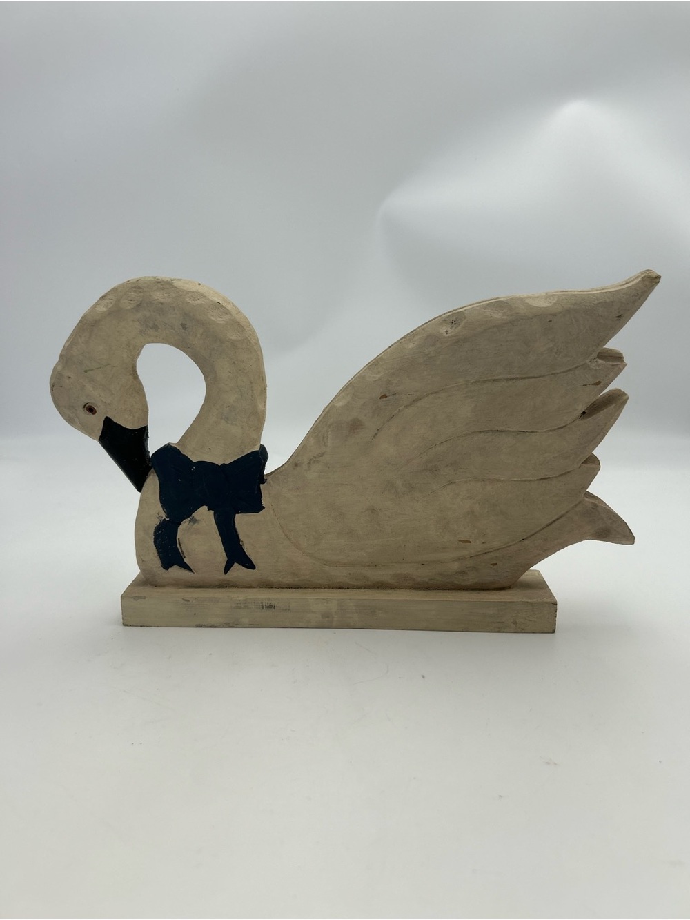 Vintage Hand-Carved Wooden Swan Figurine with Navy Bow